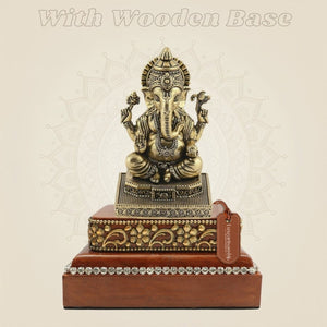 Brass Ganesha Murti on Wooden Foundation for Home Temple