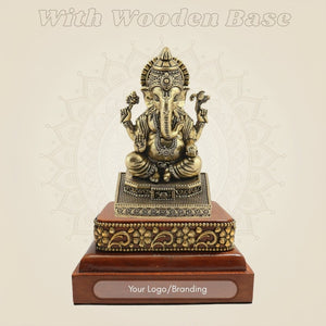 Brass Ganesha Idol on Wooden Foundation - Luxeartisanship
