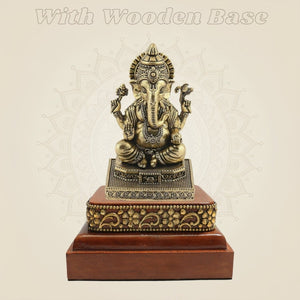 Brass Ganesh Idol on Wooden Foundation - Luxeartisanship