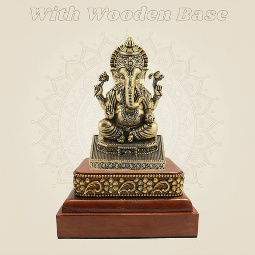 Brass Ganesh Idol Structured 4.5" on a Square Wooden Foundation