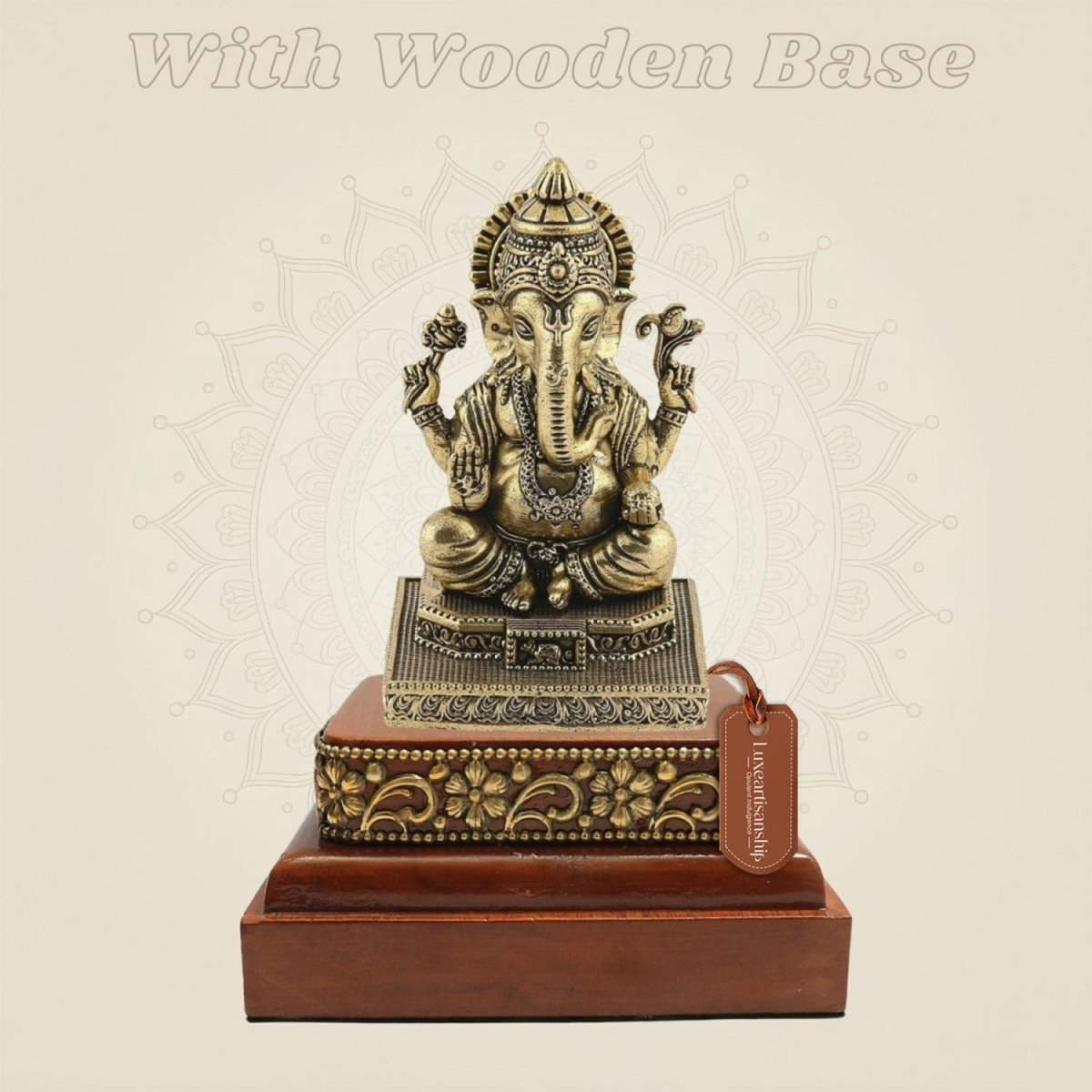 4.5 inch Brass Ganesh Idol on Square Wooden Base