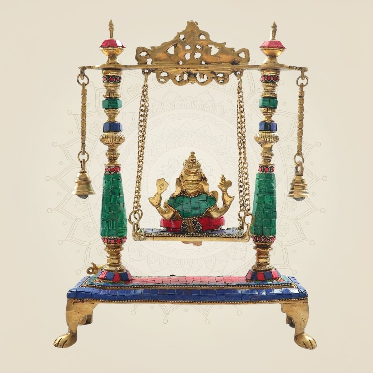 Brass Ganesh Ji Idol on Swing with Stone Work Statue