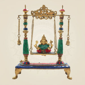 Brass Ganesh Ji Idol on Swing with Stone Work Statue