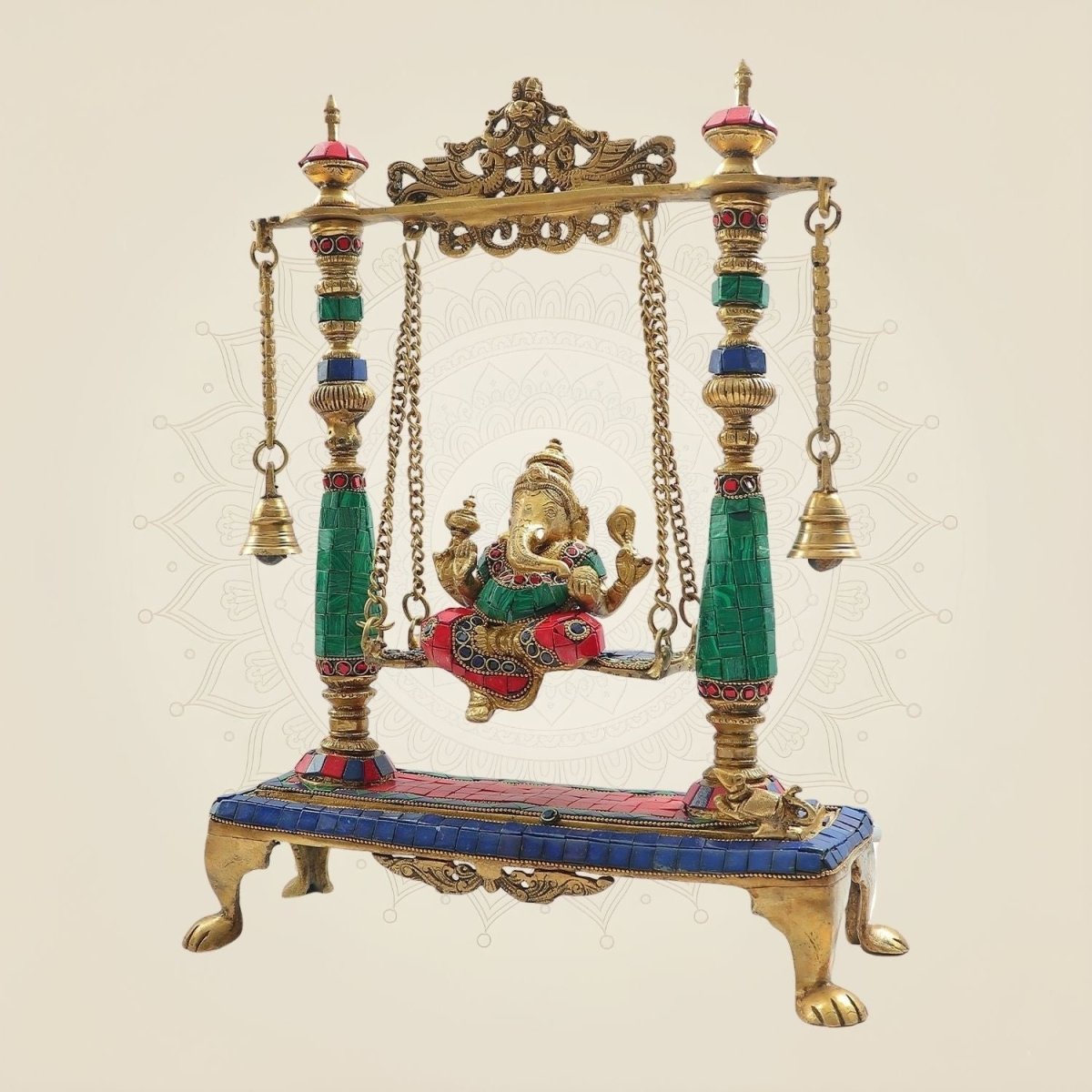 Brass Ganesh Ji Idol on Swing with Stone Work