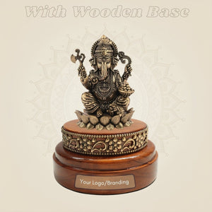 Brass Ganesh Murti 4" Showpiece on Wooden Base Display Accent - Luxeartisanship