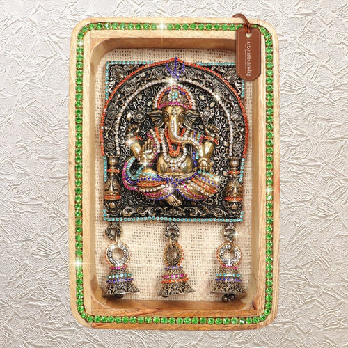 Brass Ganesh Murti Wall Hanging in Wooden Frame 9" with Jewellery Stone Work