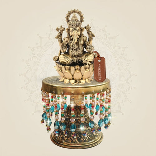 Brass Ganesh Murti with Chowki Base Crafted in Classic Style 8.75"