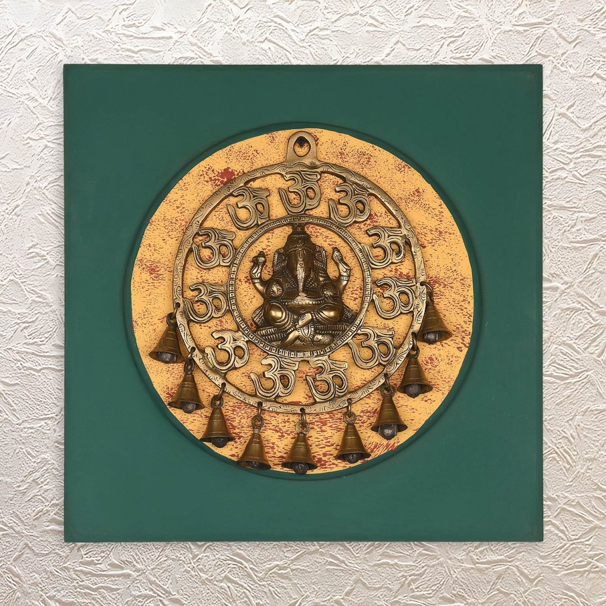 Brass Ganesh with Om & Bells 16" Handcrafted Wall Frame for Ritual Decor - Luxeartisanship
