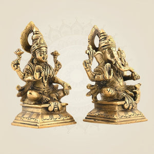 Brass Ganesh with Shubh Lakshmi Idol 5.25" | Vighnaharta Decorative Showpiece - Luxeartisanship