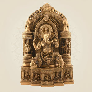 Brass Ganesha as Musician with Lakshmi & Saraswati – Royal Seated Idol 17.5″ - Luxeartisanship