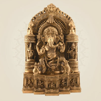 Brass Ganesha as Musician with Lakshmi & Saraswati – Royal Seated Idol 17.5″