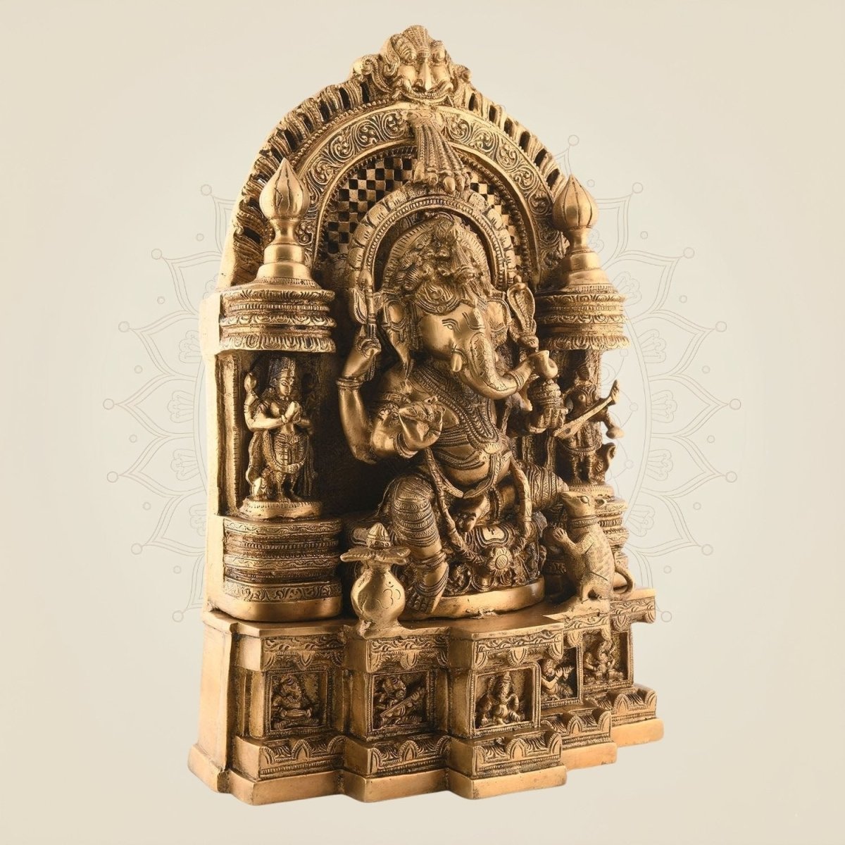 Brass Ganesha as Musician with Lakshmi & Saraswati – Royal Seated Idol 17.5″ - Luxeartisanship