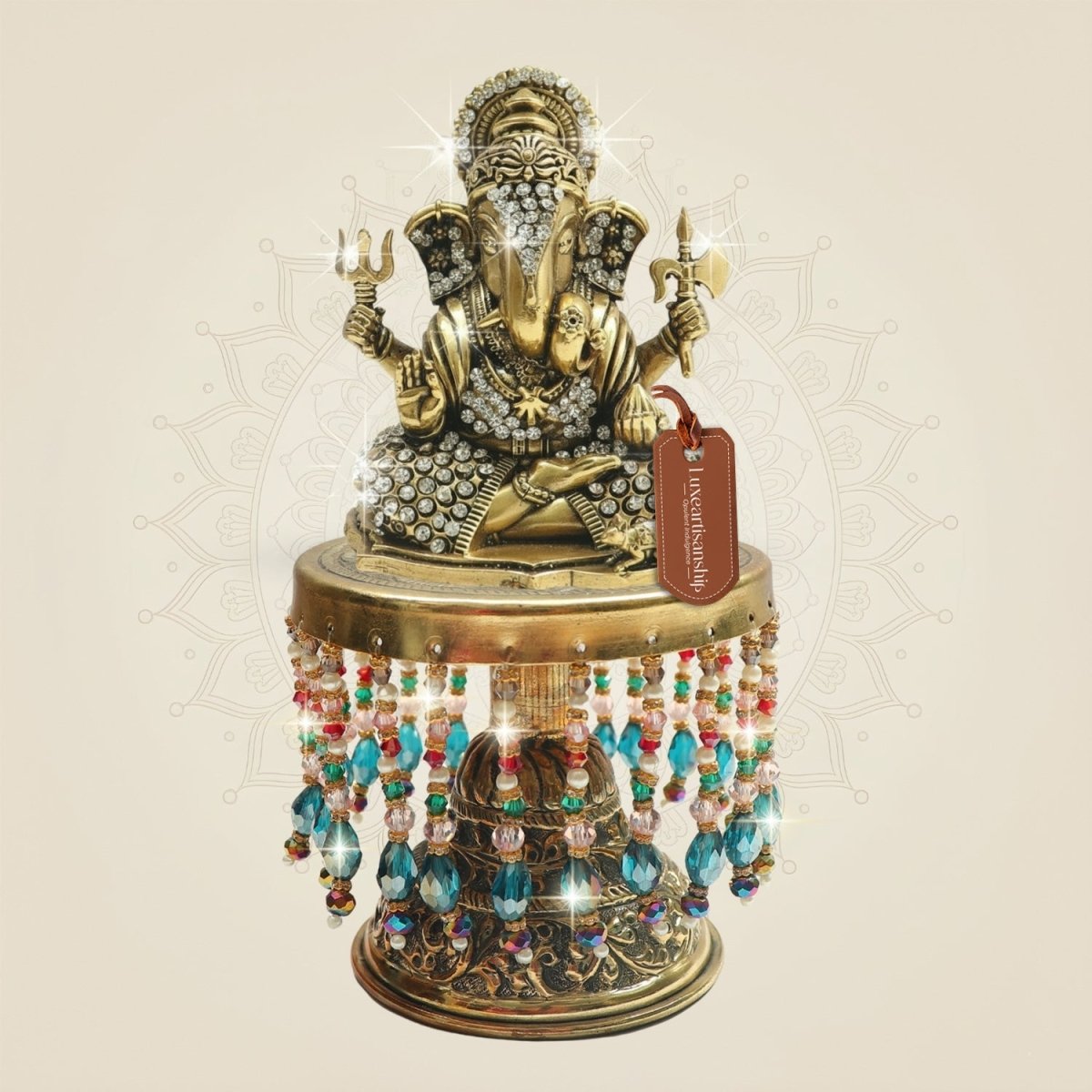 Brass Ganesha Statue on Chowki with Jewellery Stone Work 7.5" - Luxeartisanship