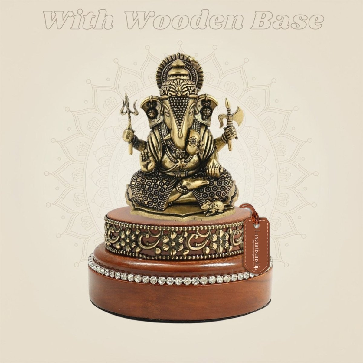 Brass Ganesh Idol Styled as a Wooden Base Showpiece