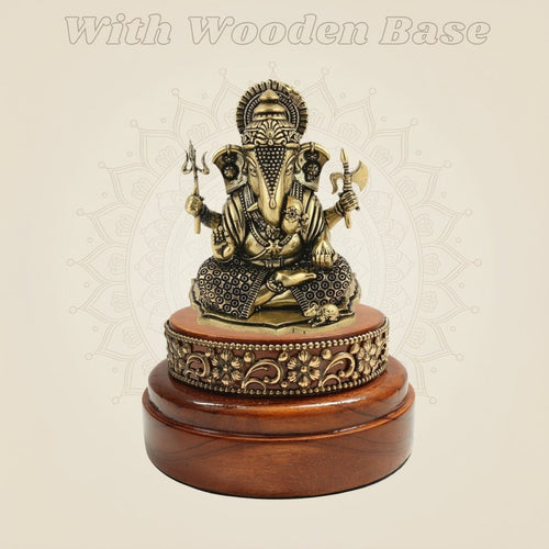 Brass Ganesha Statue Styled as a Wooden Base Showpiece 2"