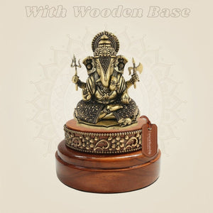 Brass Ganesha Statue Styled as a Wooden Base Showpiece