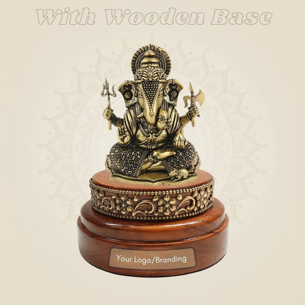 Brass Ganesha Idol Styled as a Wooden Base Showpiece