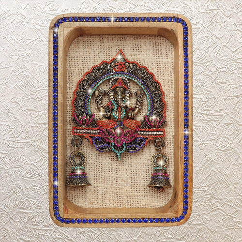 Brass Ganesha Wall Hanging Frame with Jewellery Stone Detailing 9"