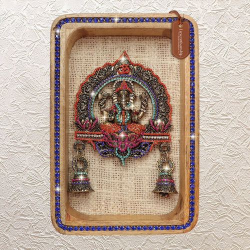 Brass Ganesha Wall Hanging Frame with Jewellery Stone Detailing 9"