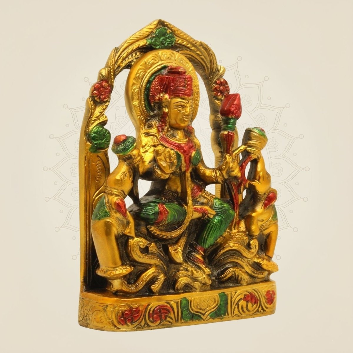 Goddess Lakshmi Brass Idol - Multicolor with Elephants
