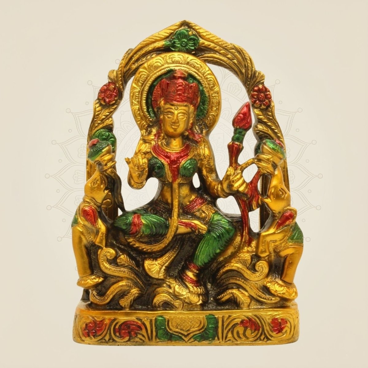 Brass Goddess Lakshmi Idol - Multicolor with Elephants