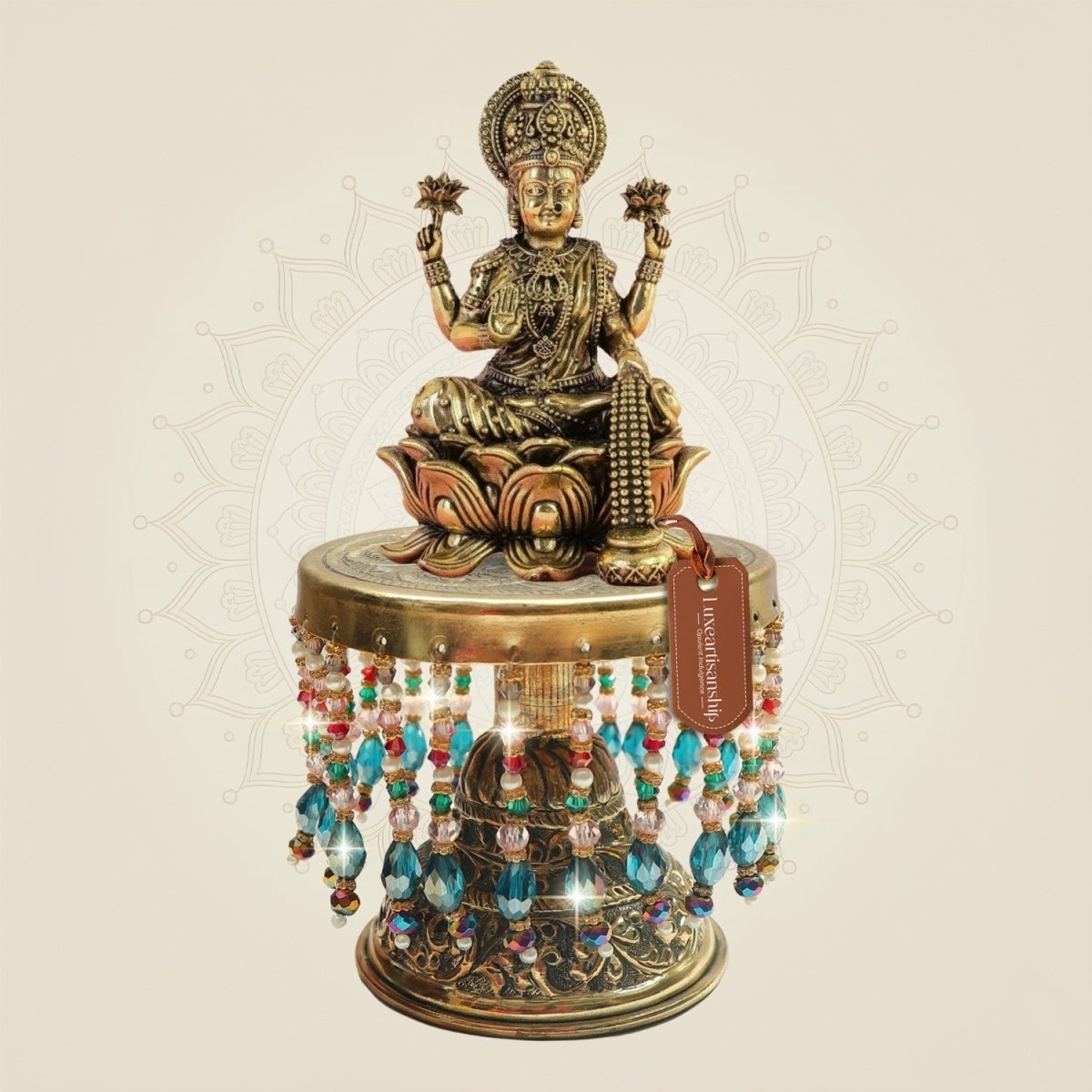Brass Goddess Lakshmi Murti on Chowki Classic Style Structure 8.5" - Luxeartisanship