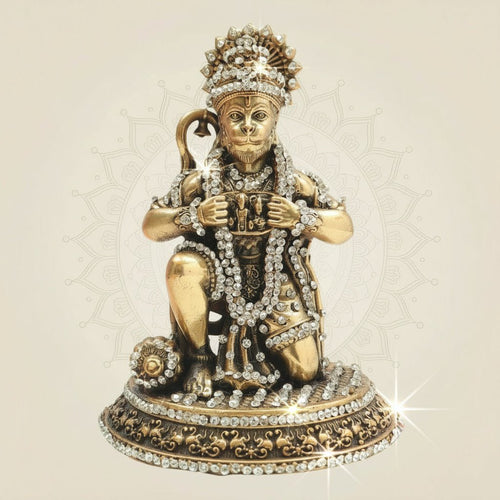Brass Hanuman Idol 5" in Kneeling Form with Sparkling Stone Embellishment