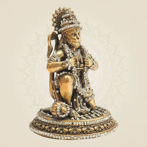 Brass Hanuman Idol 5" in Kneeling Form with Sparkling Stone Embellishment - Luxeartisanship
