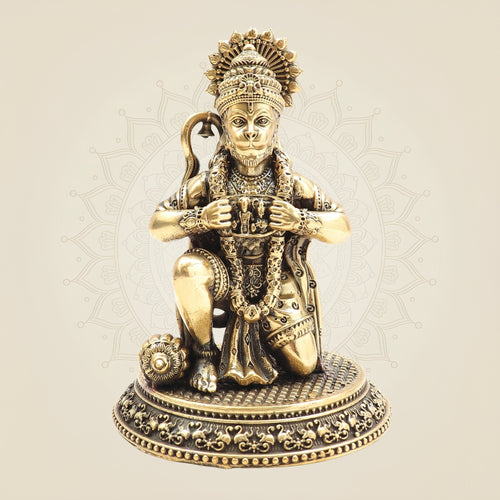 Brass Hanuman Idol – Heart Opening Pose with Ram & Sita - Handcrafted Spiritual Statue 5"