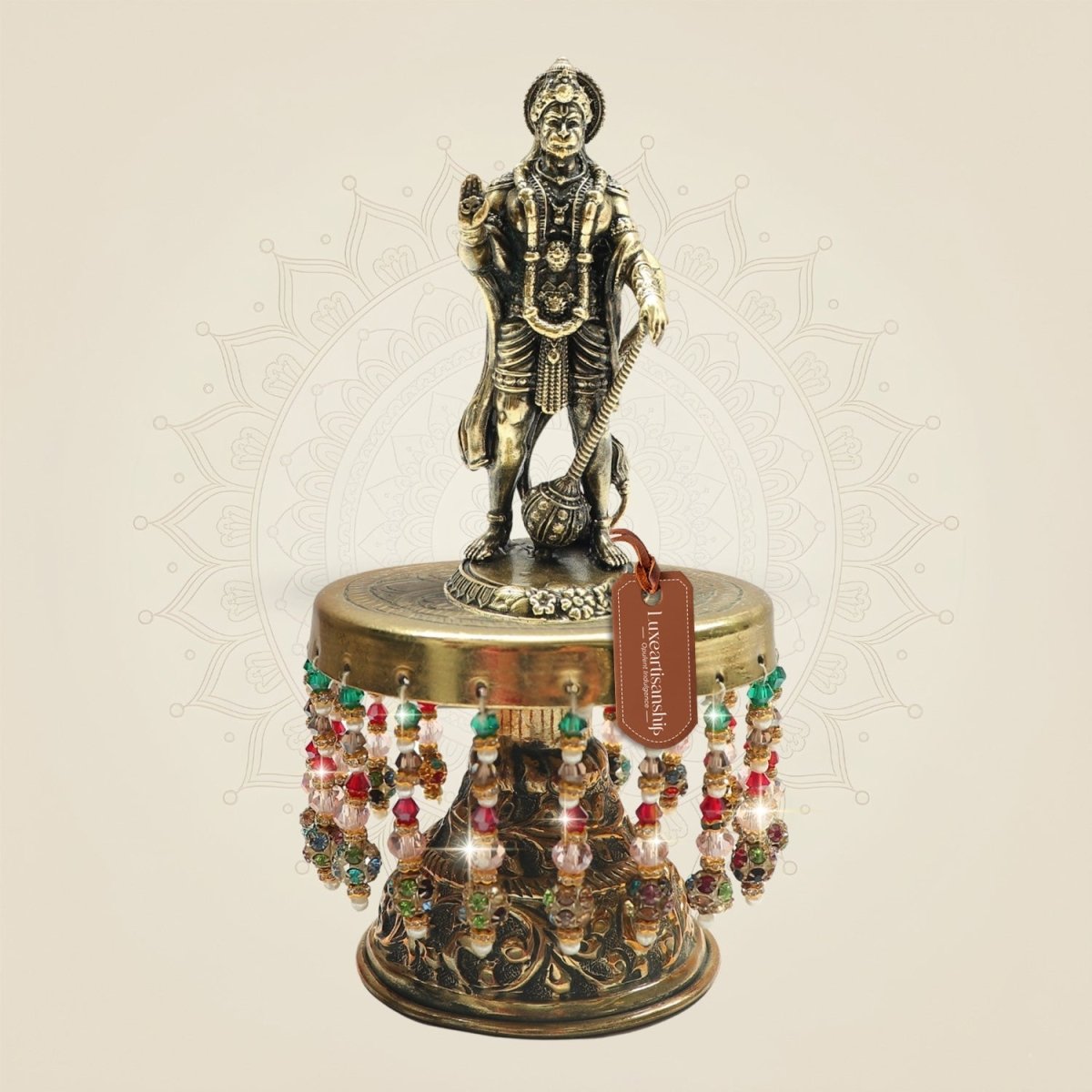 Brass Hanuman Murti Standing Pose on Chowki for Mandir Use 6.25" - Luxeartisanship
