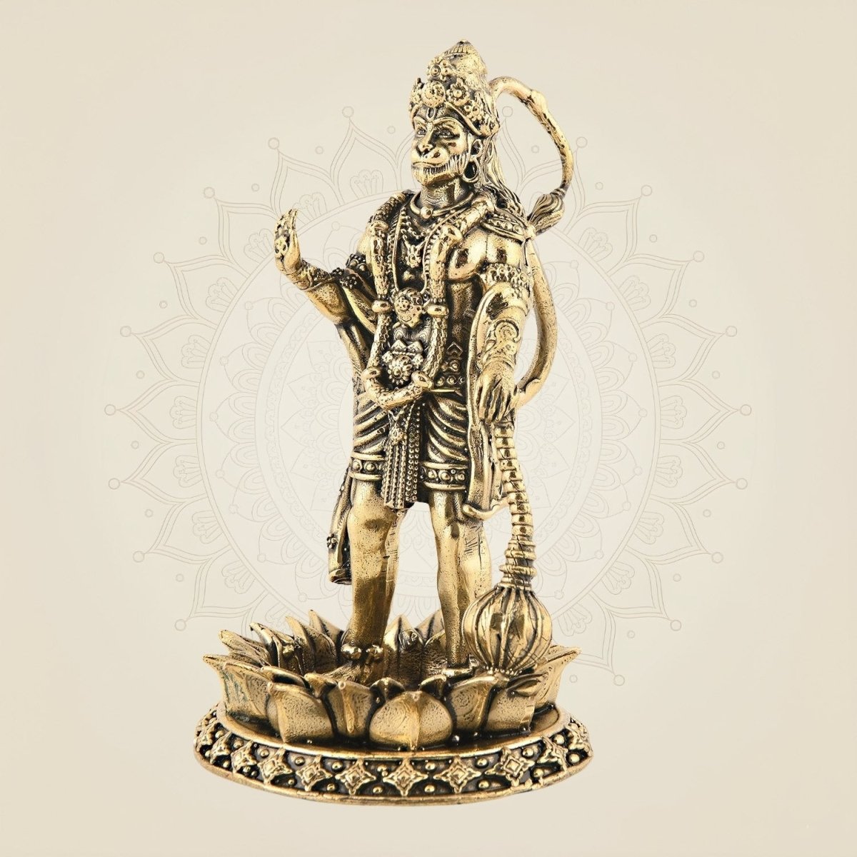 Brass Hanuman Standing on Lotus 4" – Superfine Carved Idol for Positivity - Luxeartisanship