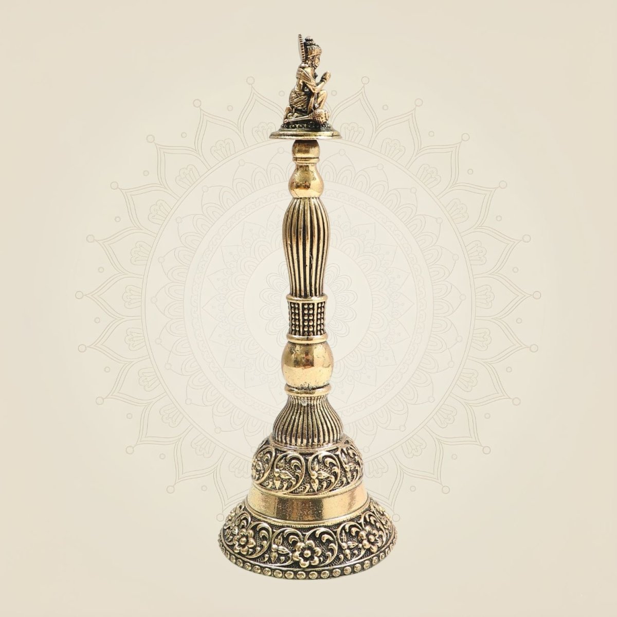 Brass Hanumanji Hand Bell Big Size with Auspicious Detailing 8" - Luxeartisanship