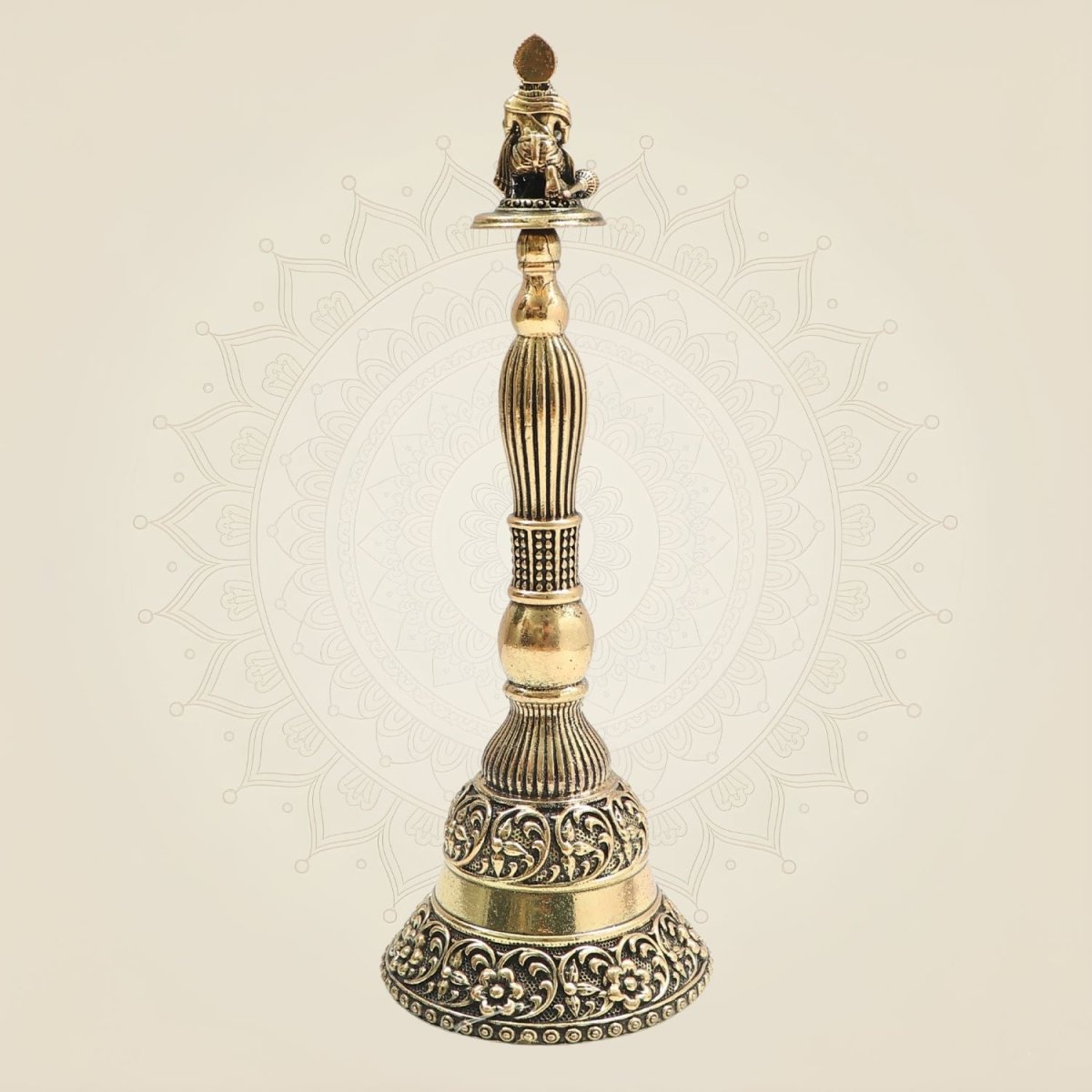 Brass Hanumanji Hand Bell Big Size with Auspicious Detailing 8" - Luxeartisanship