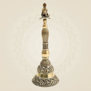 Brass Hanumanji Hand Bell Big Size with Auspicious Detailing 8" - Luxeartisanship