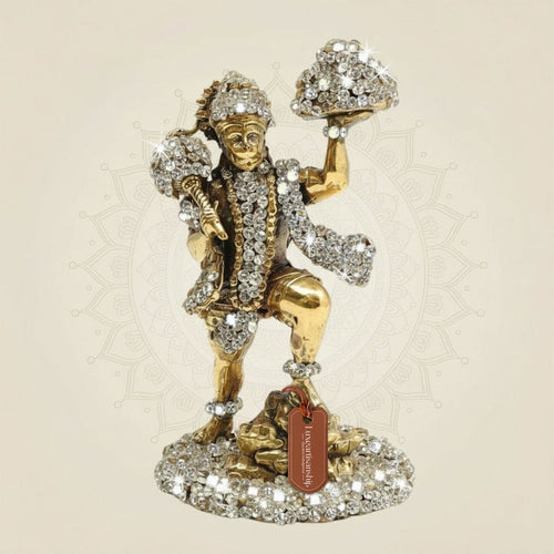 Brass Hanumanji Murti in Energetic Form with Sparkling Stone Work 4"