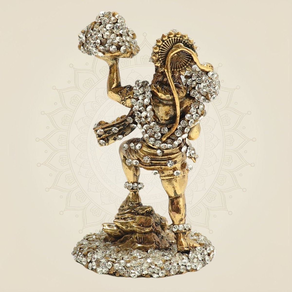 Brass Hanumanji Murti in Energetic Form with Sparkling Stone Work 4" - Luxeartisanship