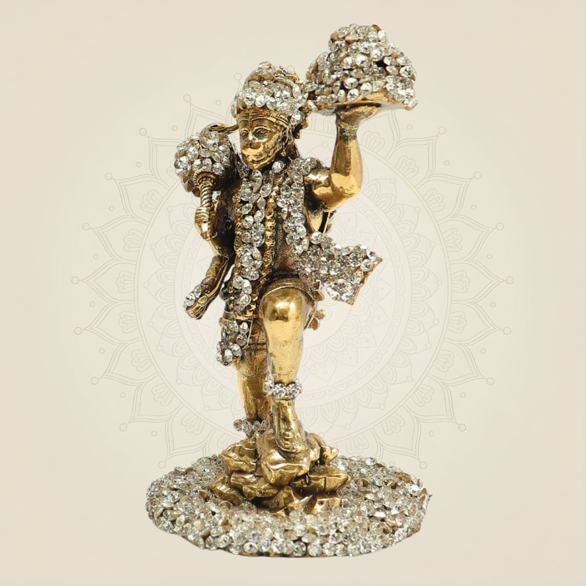 Brass Hanumanji Murti in Energetic Form with Sparkling Stone Work 4" - Luxeartisanship