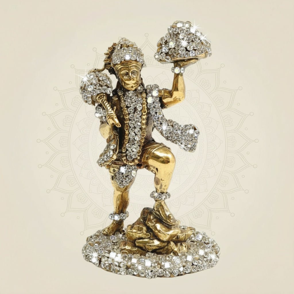 Brass Hanumanji Murti in Energetic Form with Sparkling Stone Work 4" - Luxeartisanship