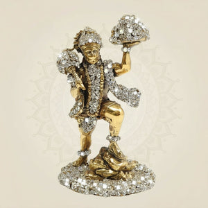 Brass Hanumanji Murti in Energetic Form with Sparkling Stone Work 4" - Luxeartisanship