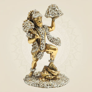 Brass Hanumanji Murti in Energetic Form with Sparkling Stone Work 4" - Luxeartisanship