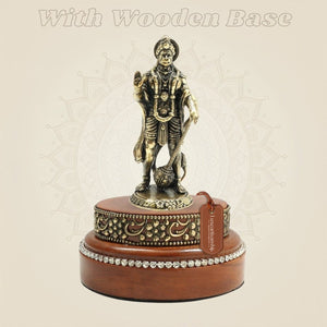 Brass Hanumanji Statue 4" Hand Finished with Round Wooden Base With Gemstone