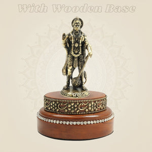 Brass Hanumanji Statue 4" Hand Finished with Round Wooden Base - Luxeartisanship