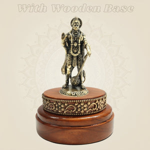 Brass Hanumanji Statue 4" Hand Finished with Round Wooden Base - Luxeartisanship
