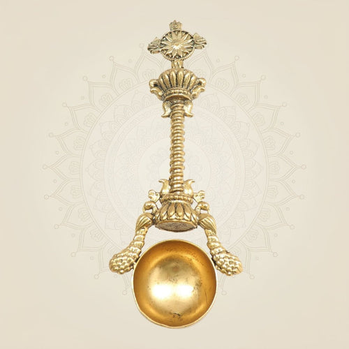Brass Havan Spoon with Shankh Chakra Engraving 6.5" for Ritual Use