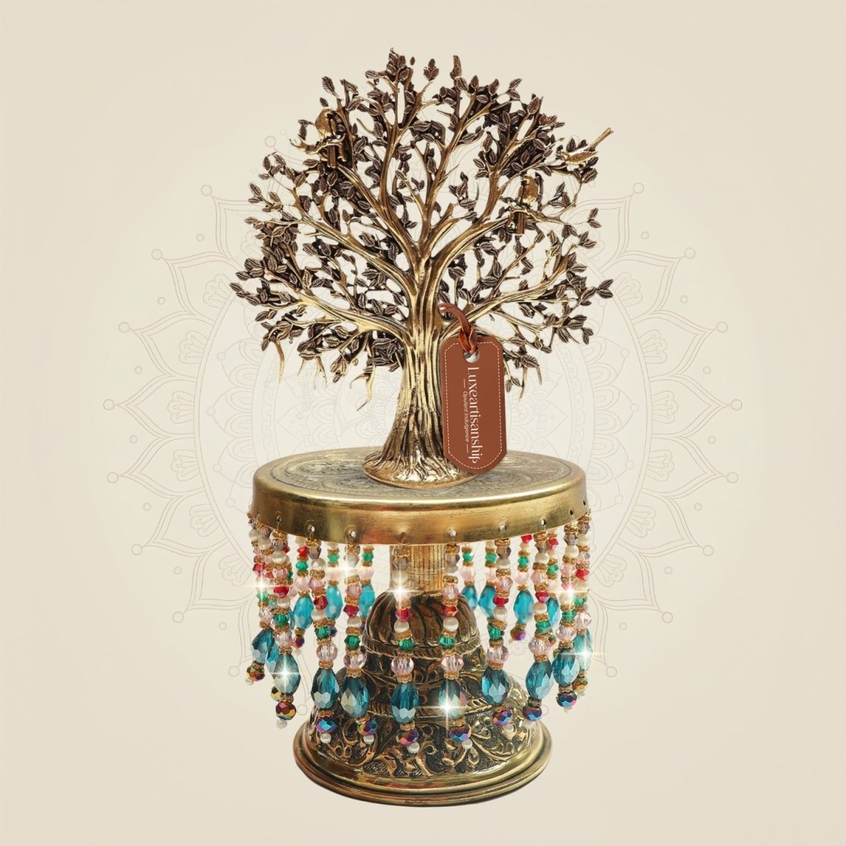 Brass Kalpavriksha on Chowki – Tree of Life with Birds 9.75" - Luxeartisanship