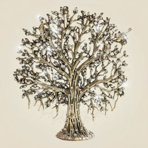 Brass Kalpavriksha Tree Idol with Elegant Rhinestone Detailing 6.25"