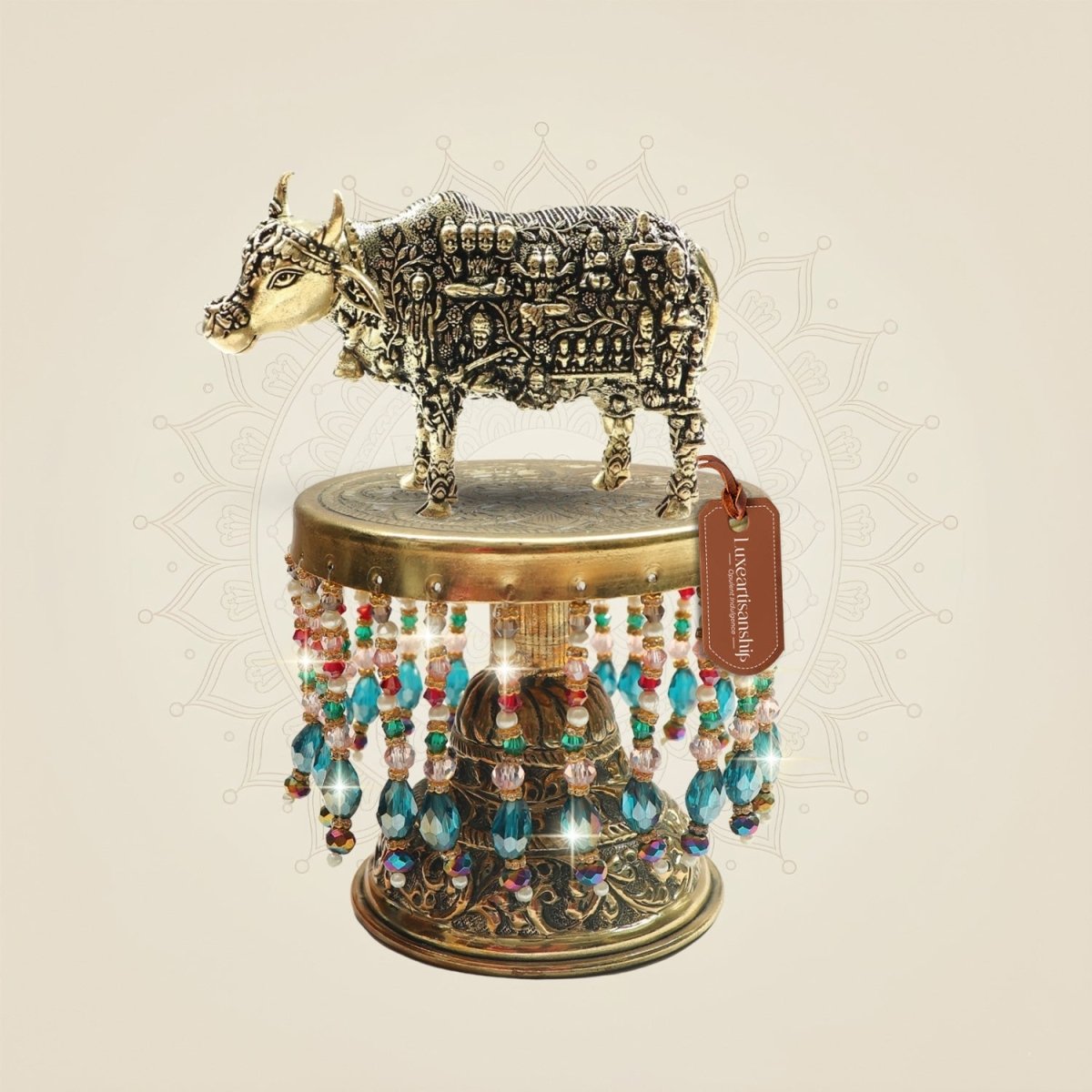 Brass Kamadhenu Statue with Chowki for Abundance Energy 6.5" - Luxeartisanship
