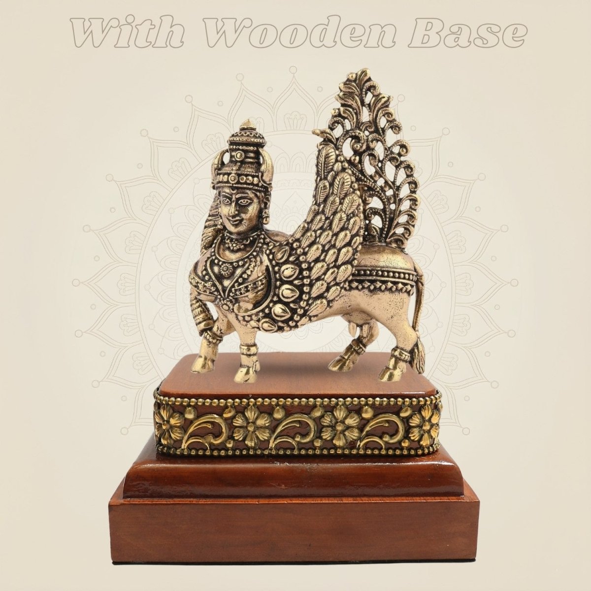 Brass Kamdhenu Cow Idol 3" Set on a Square Wood Platform - Luxeartisanship