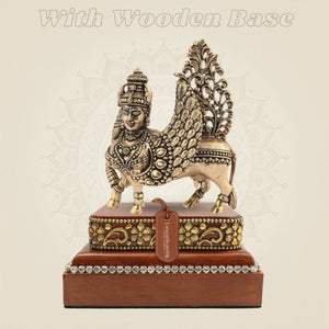 Brass Kamdhenu Cow Idol 3" Set on a Square Wood Platform - Luxeartisanship