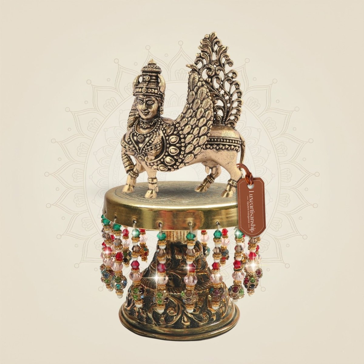 Brass Kamdhenu Cow Murti on Chowki Base Traditional Cow Figure 5.5" - Luxeartisanship
